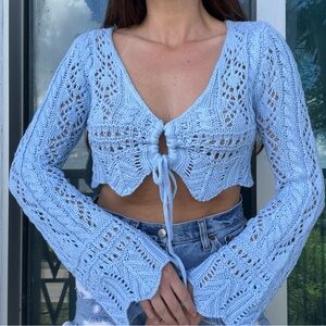 Baby Blue Crochet Crop Sweater Top S